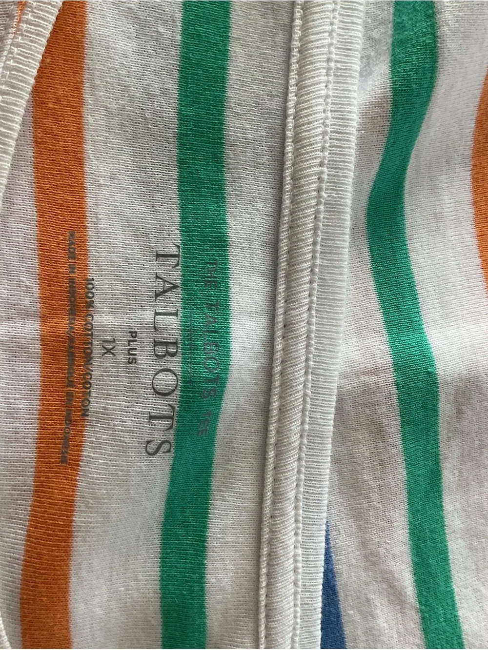 Talbots White Tee with Pink, Orange, Green, Blue & Black Stripes